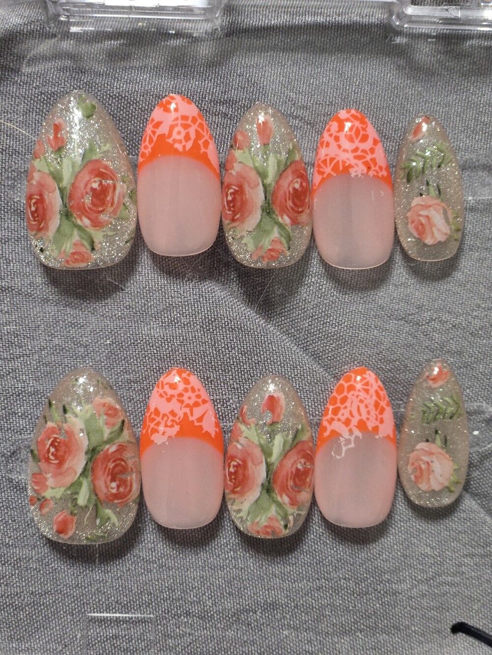 Floral Rose Press-On Nails with Neon Coral Tips, Almond Short Length